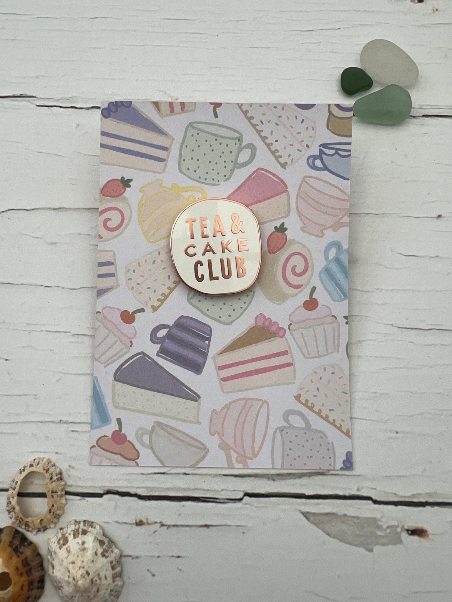 Tea & Cake Club enamel pin—pastel cake-themed badge for foodies, perfect for gifting and cozy lifestyle styling