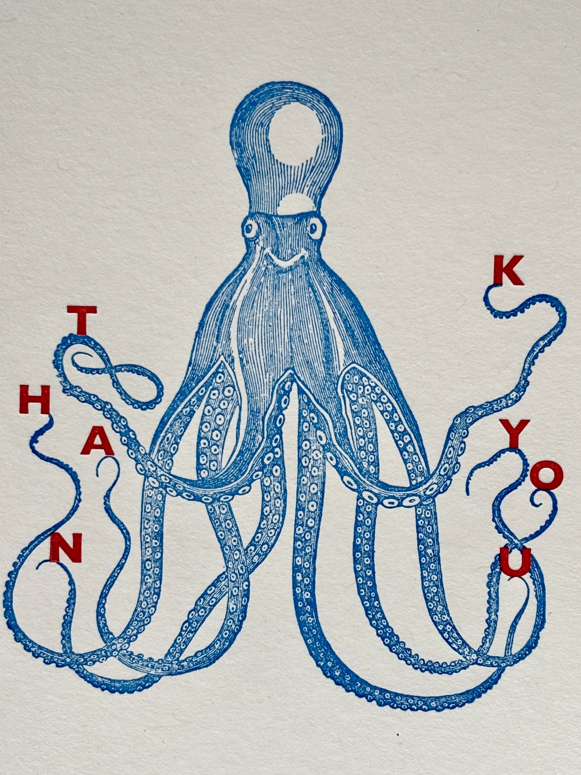 closeup shot of octopus thank you card blue and red marine print unique vintage style illustration for gratitude and ocean themes
