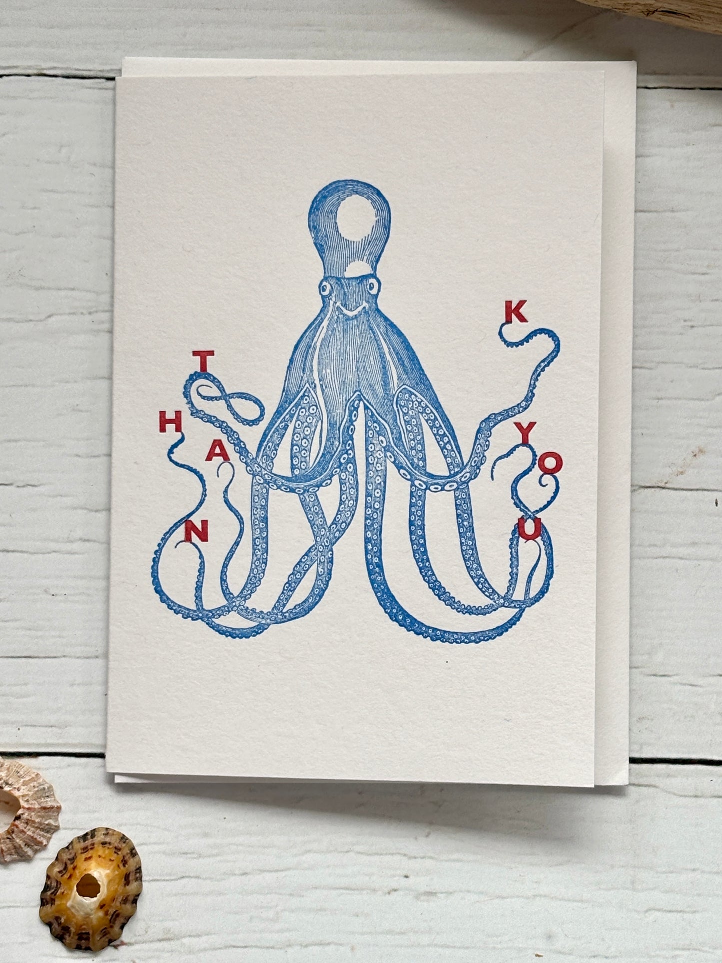 blue octopus thank you card vintage etching style illustration funny, unique appreciation note for ocean lovers and gratitude