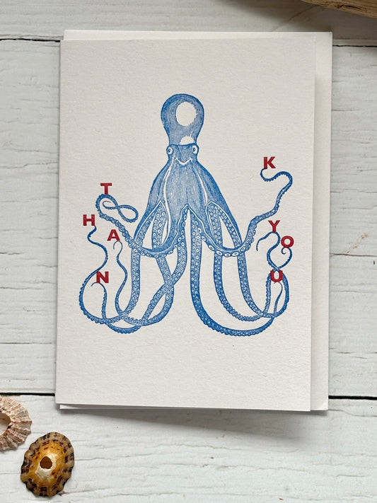 blue octopus thank you card vintage etching style illustration funny, unique appreciation note for ocean lovers and gratitude