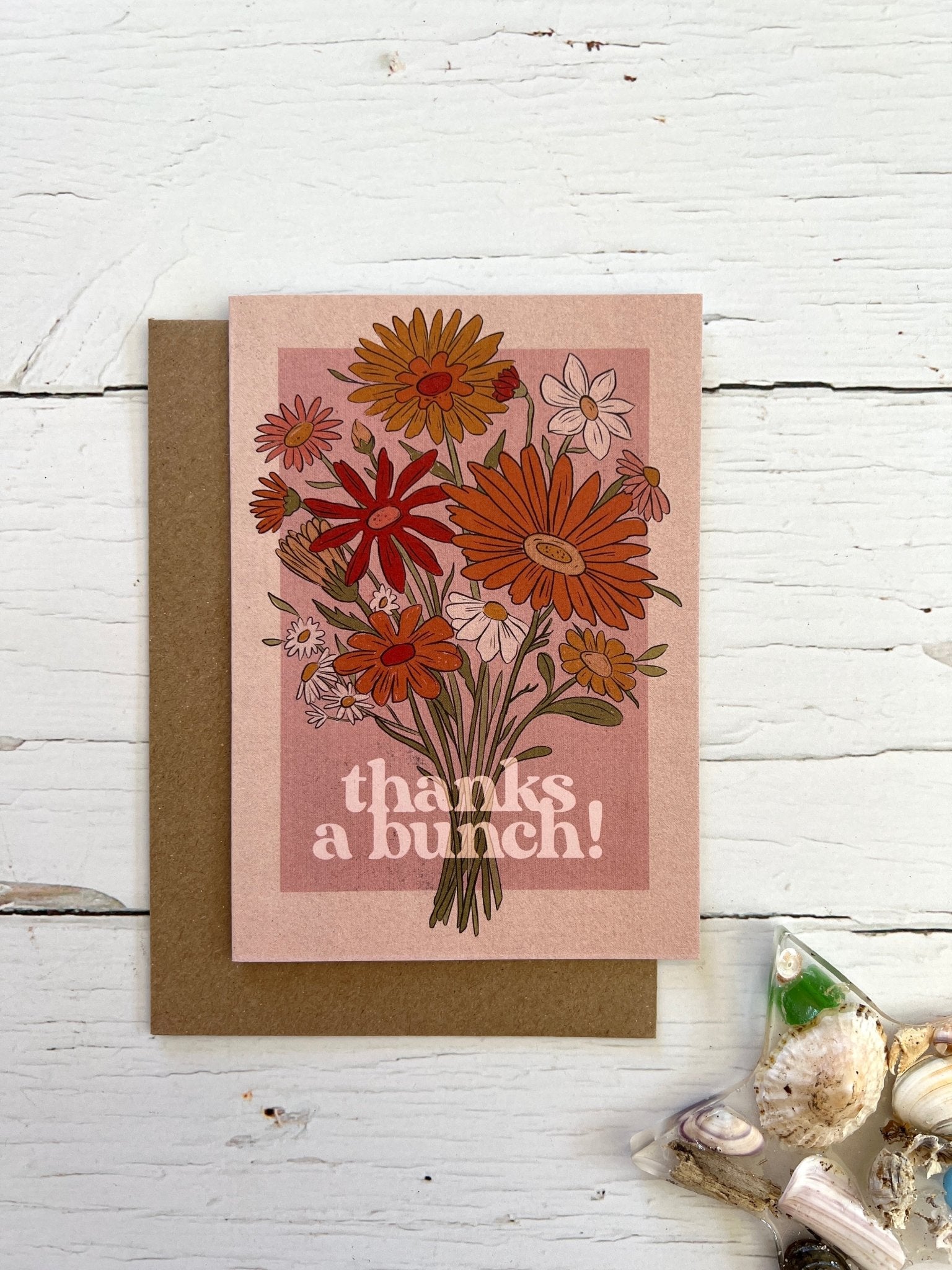 bold floral thank you card—retro bouquet design with “thanks a bunch!” message for cheerful, coastal-inspired gifting