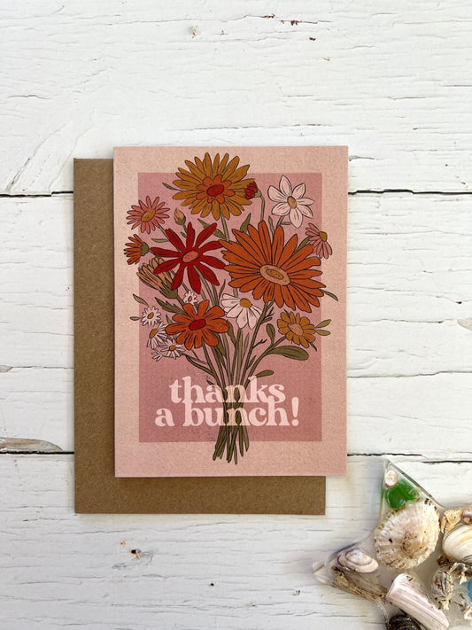 bold floral thank you card—retro bouquet design with “thanks a bunch!” message for cheerful, coastal-inspired gifting