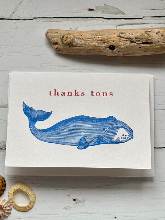 cute whale 'thanks tons' card blue print nautical thank you note unique illustration for appreciation and marine lovers