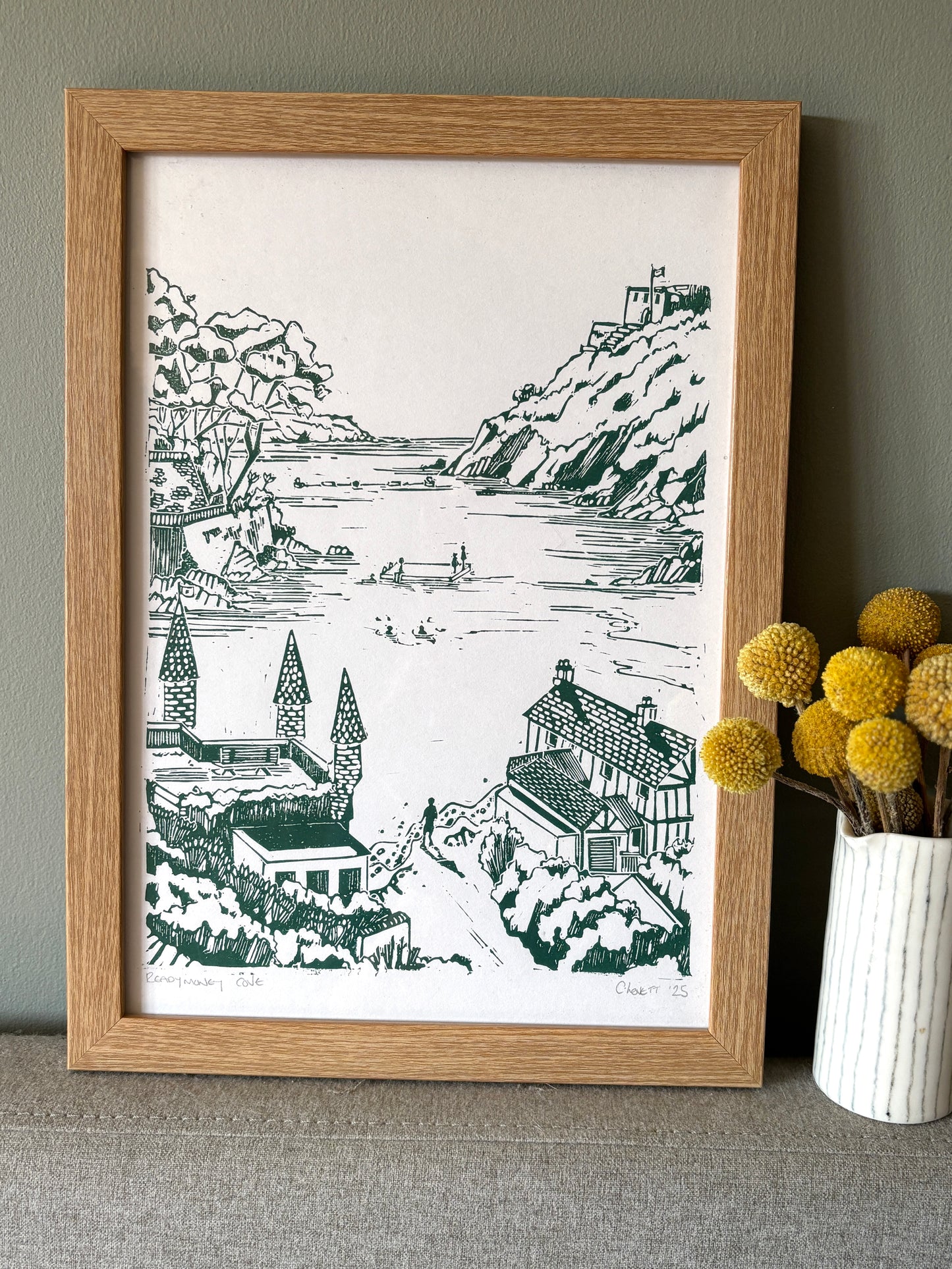 “The View” mint green coastal print—hand-drawn cliffs, cottages, and boats for nature-inspired wall art and travel-themed décor