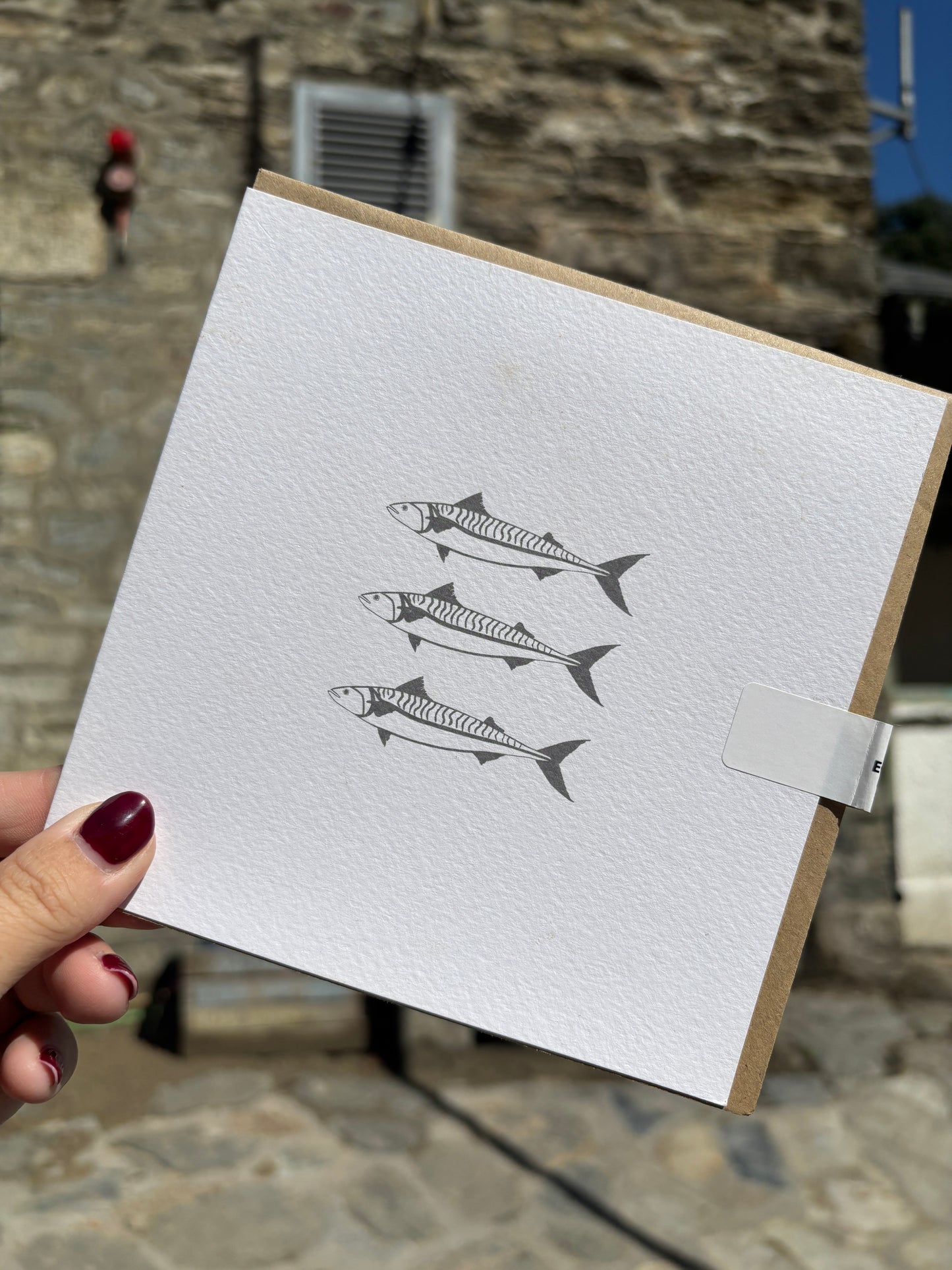 three mackerel greeting card—minimalist fish skeleton design on textured cardstock, perfect for coastal gifting and ocean lovers