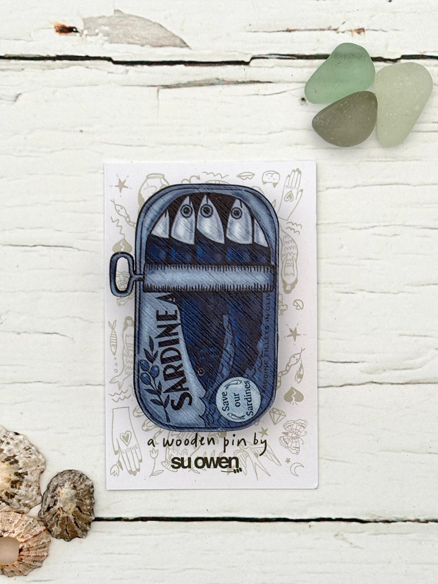 tin of sardines wooden pin—quirky nautical badge with eco message, perfect for ocean lovers and coastal gifting