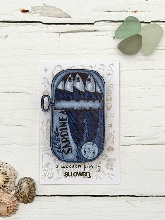 tin of sardines wooden pin—quirky nautical badge with eco message, perfect for ocean lovers and coastal gifting