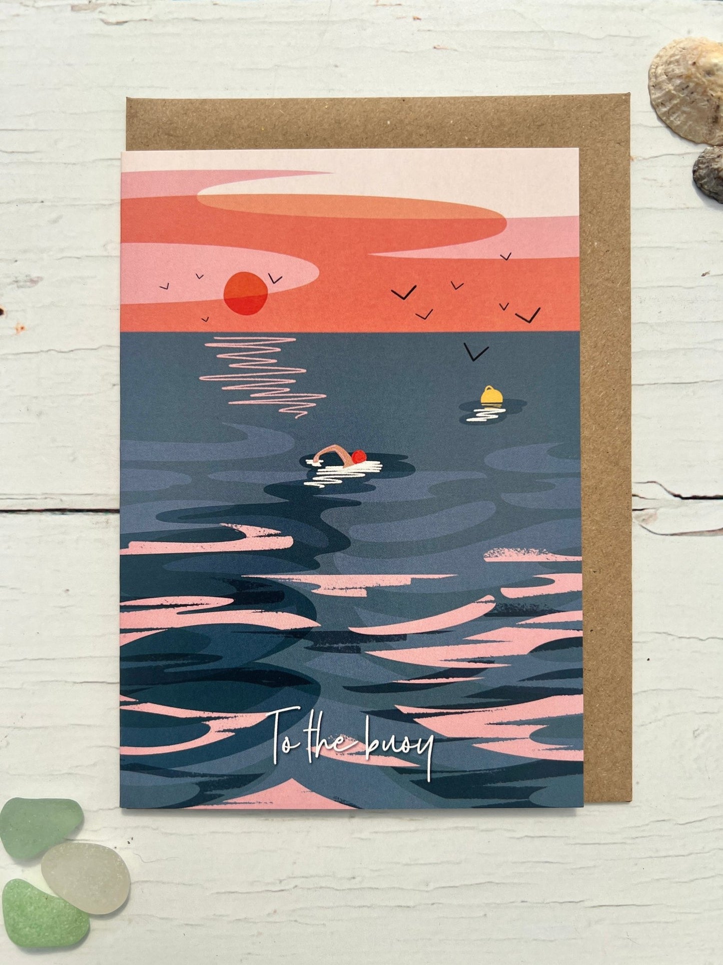 sea swimming greeting card illustrated ocean sunset with swimmer & buoy coastal art gift for wild swimmers