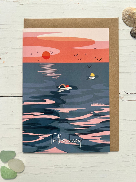 sea swimming greeting card illustrated ocean sunset with swimmer & buoy coastal art gift for wild swimmers
