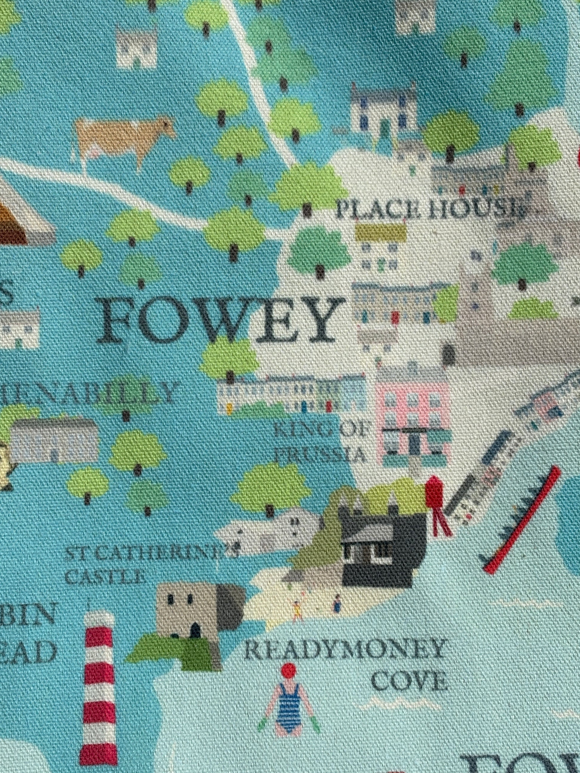 Fowey map tote detail with Readymoney Cove swimmer & lighthouse cornish canvas shopper gift
