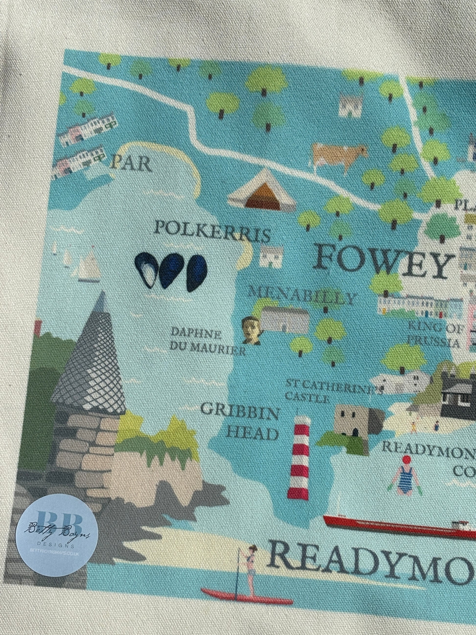 Fowey map tote detail Polkerris & Gribbin Head landmarks illustrated Cornish gift for sea swimmers and explorers