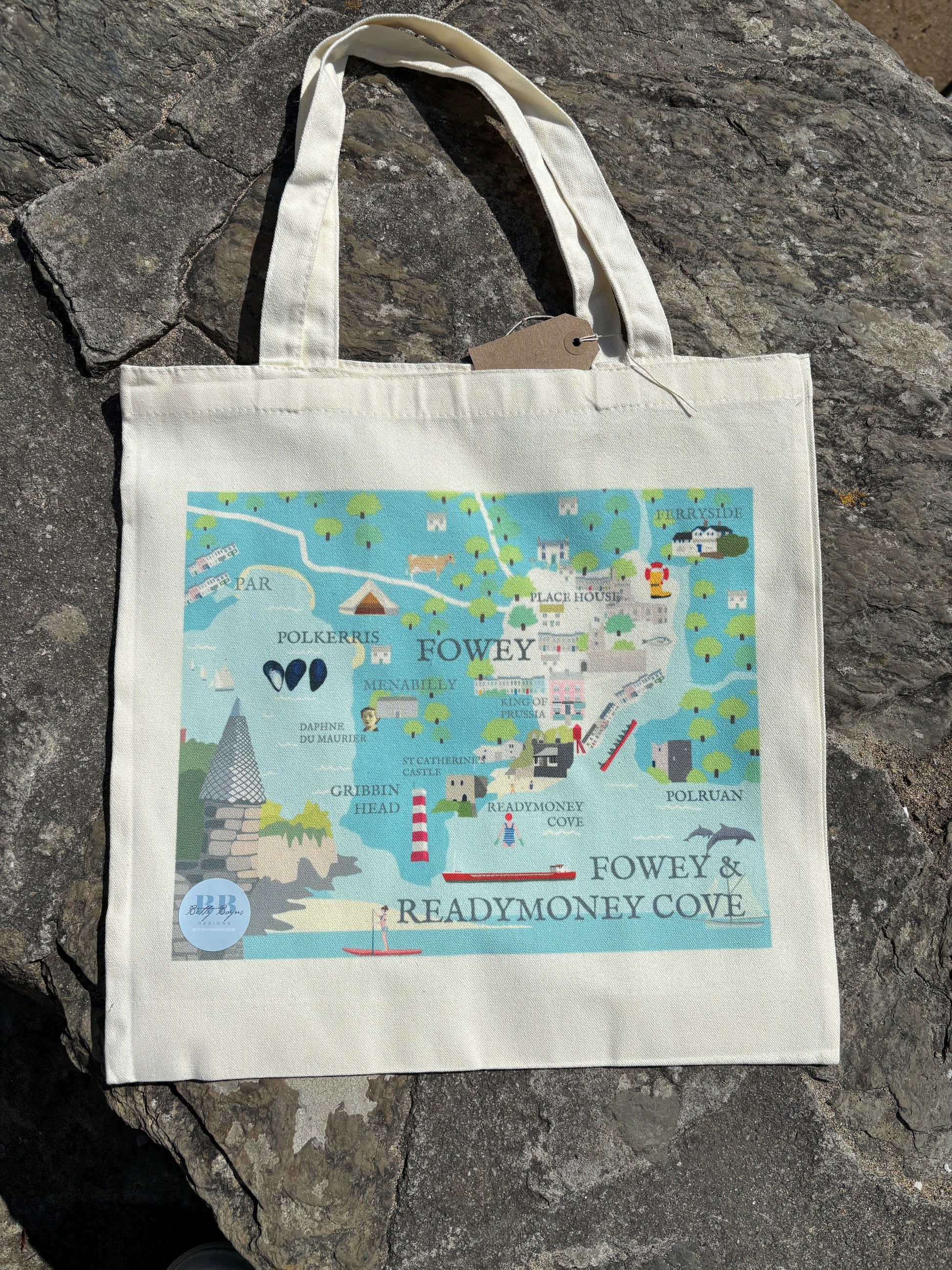 Fowey Cornwall map tote bag illustrated cotton canvas shopper with Readymoney Cove landmarks cornish souvenir gift