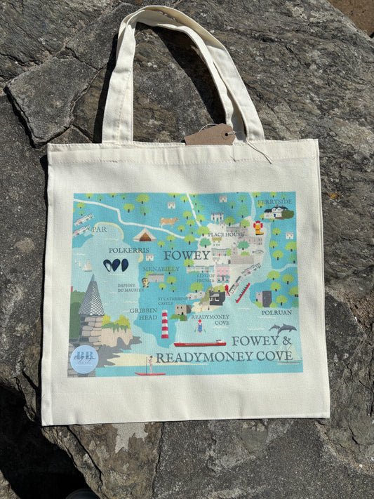 Fowey Cornwall map tote bag illustrated cotton canvas shopper with Readymoney Cove landmarks cornish souvenir gift