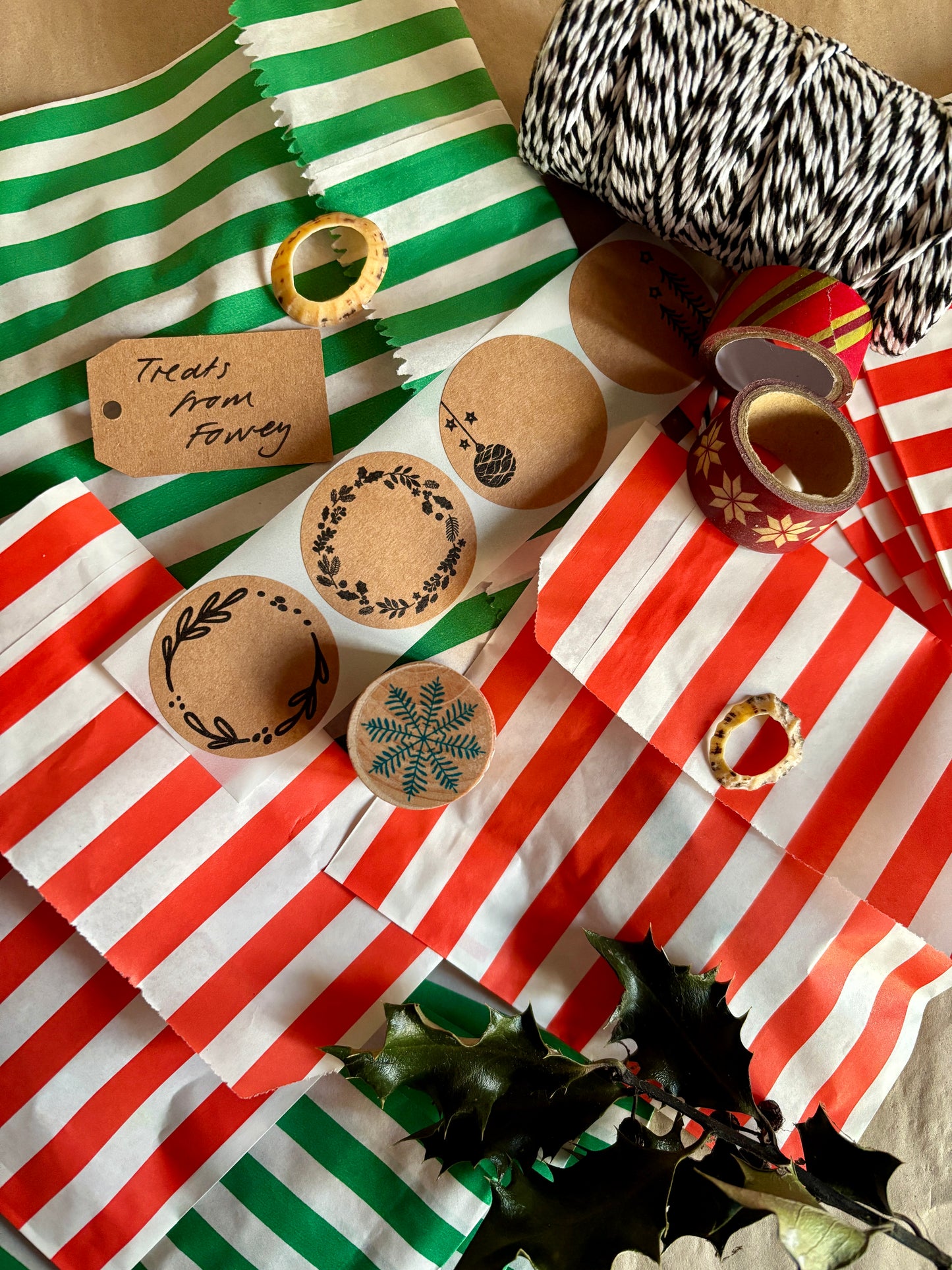 Holiday packaging Fowey Advent Box supplies Christmas craft kit with red striped bags, twine, wreath & snowflake stickers