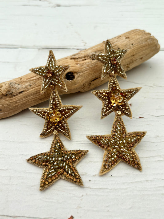 triple gold star hand beaded earrings