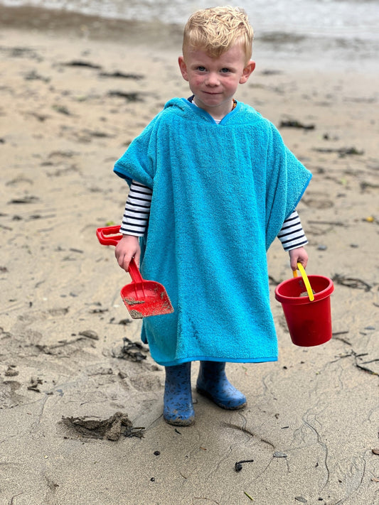 Turquoise kids poncho towel robe, age 3 - 5 - Readymoney Beach Shop