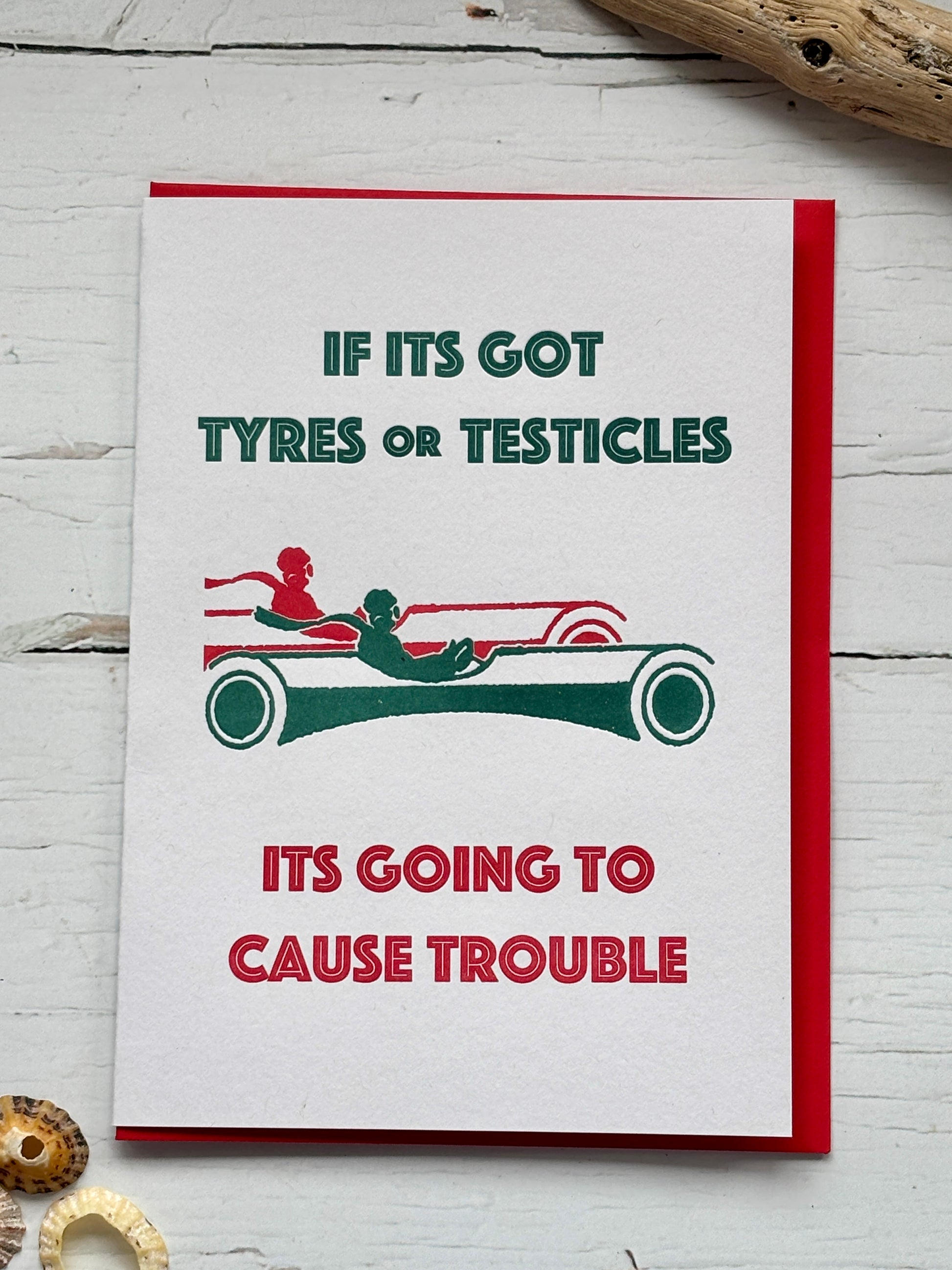 trouble card—bold red and green design with vintage car and cheeky quote, perfect for humorous gifting and novelty collectors