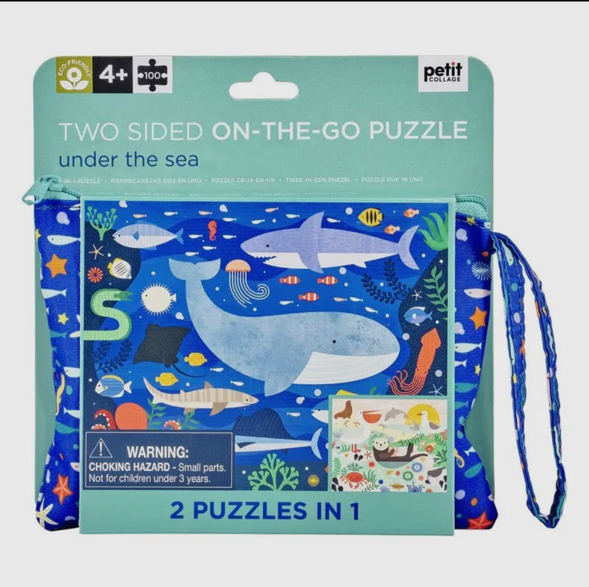 under the sea two-sided travel puzzle 100 piece portable pouch ocean marine life whales sharks fish kids ages 4+ gift