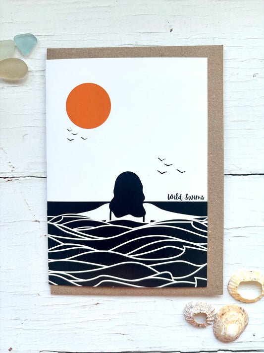 wild swims card, minimalist design with orange sun, solo swimmer silhouette, black white ocean waves illustration