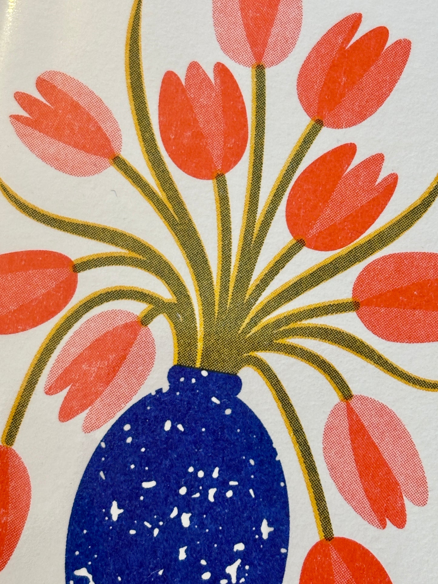 closeup shot of blue vase coral tulips mini card detail gold stems illustrated blank notecard spring floral stationery art 
