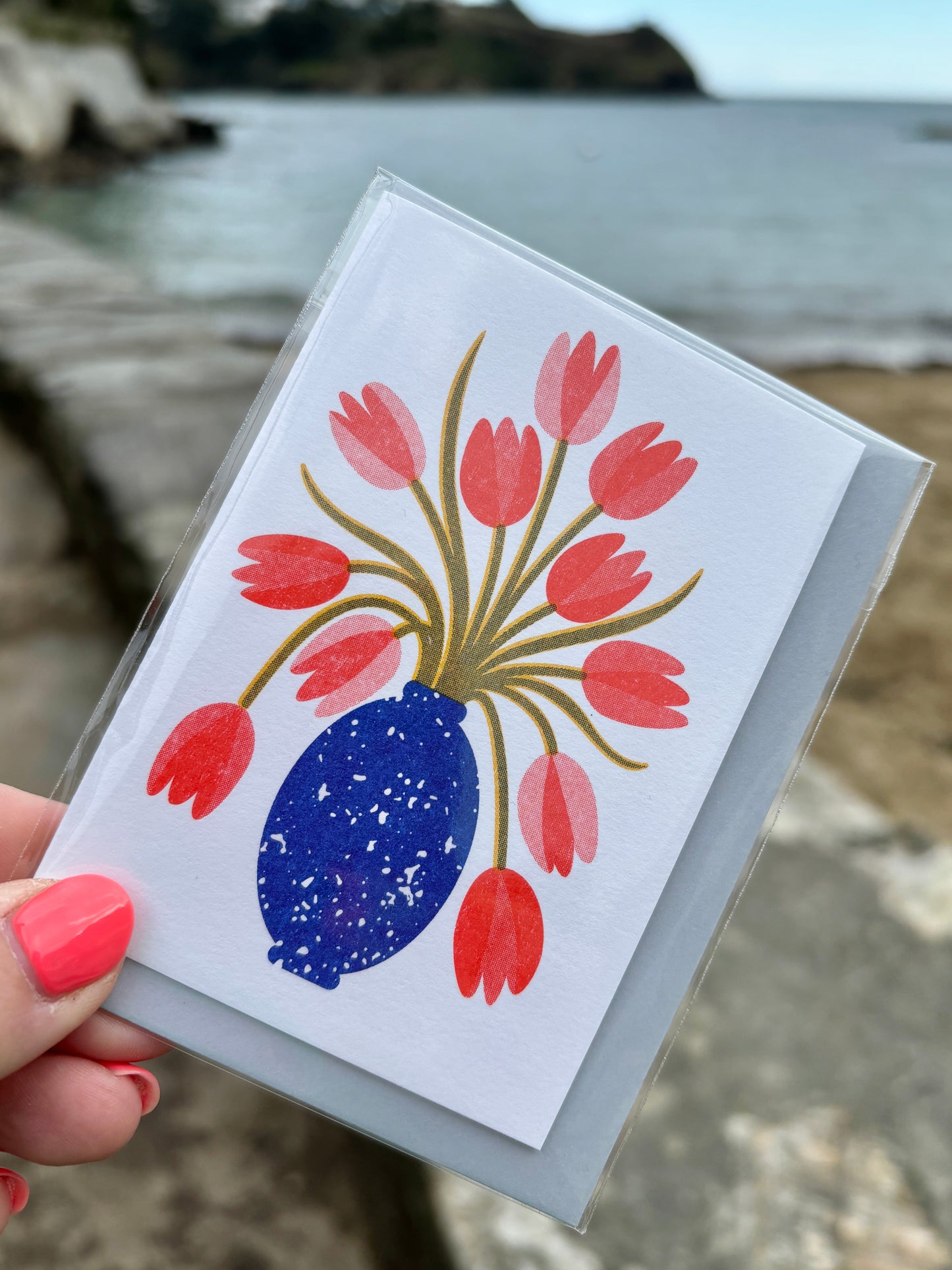 tulips in blue vase mini greeting card coral pink flowers gold stems illustrated blank notecard floral stationery gift