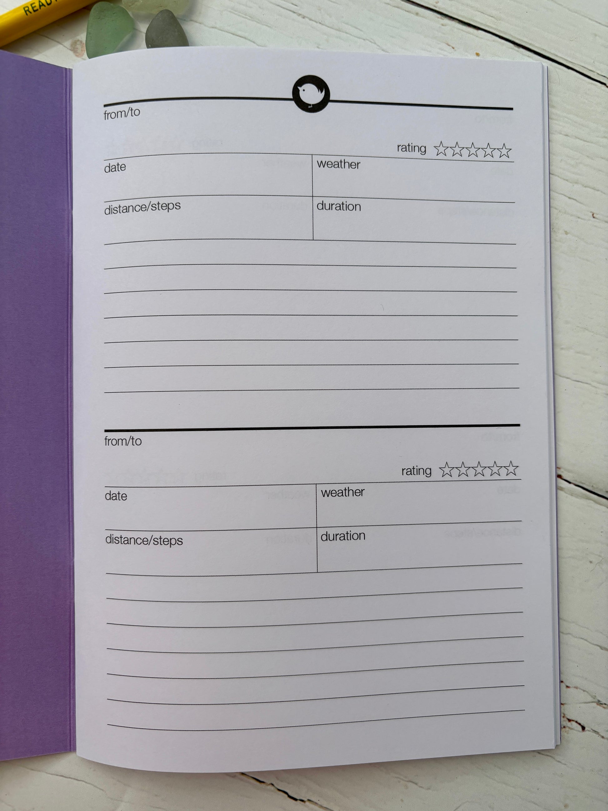 walking journal logbook pages - route planner with date weather distance duration star rating & notes sections