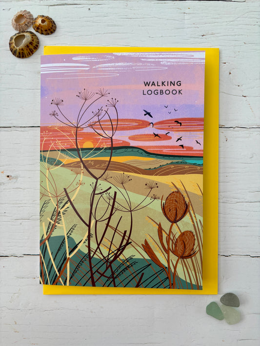 walking logbook journal with sunset coastal landscape - hike diary notebook with wildflowers & birds illustration