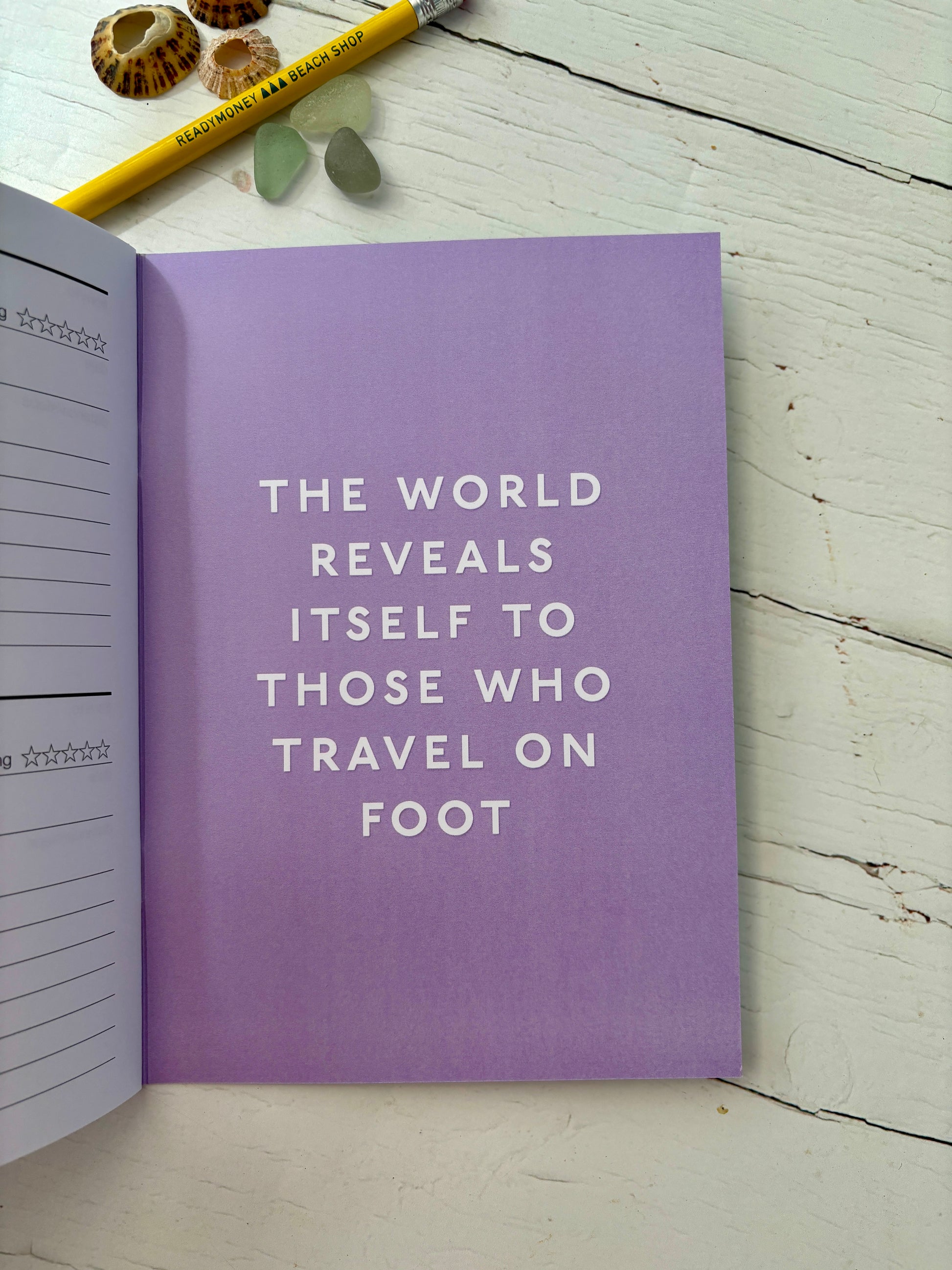 walking journal with inspirational quote - "world reveals itself" purple hiking logbook diary gift for hikers
