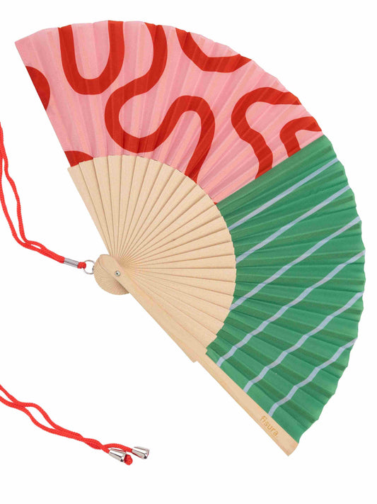 Pink Red & Green Waves & Stripes Folding Fabric Fan