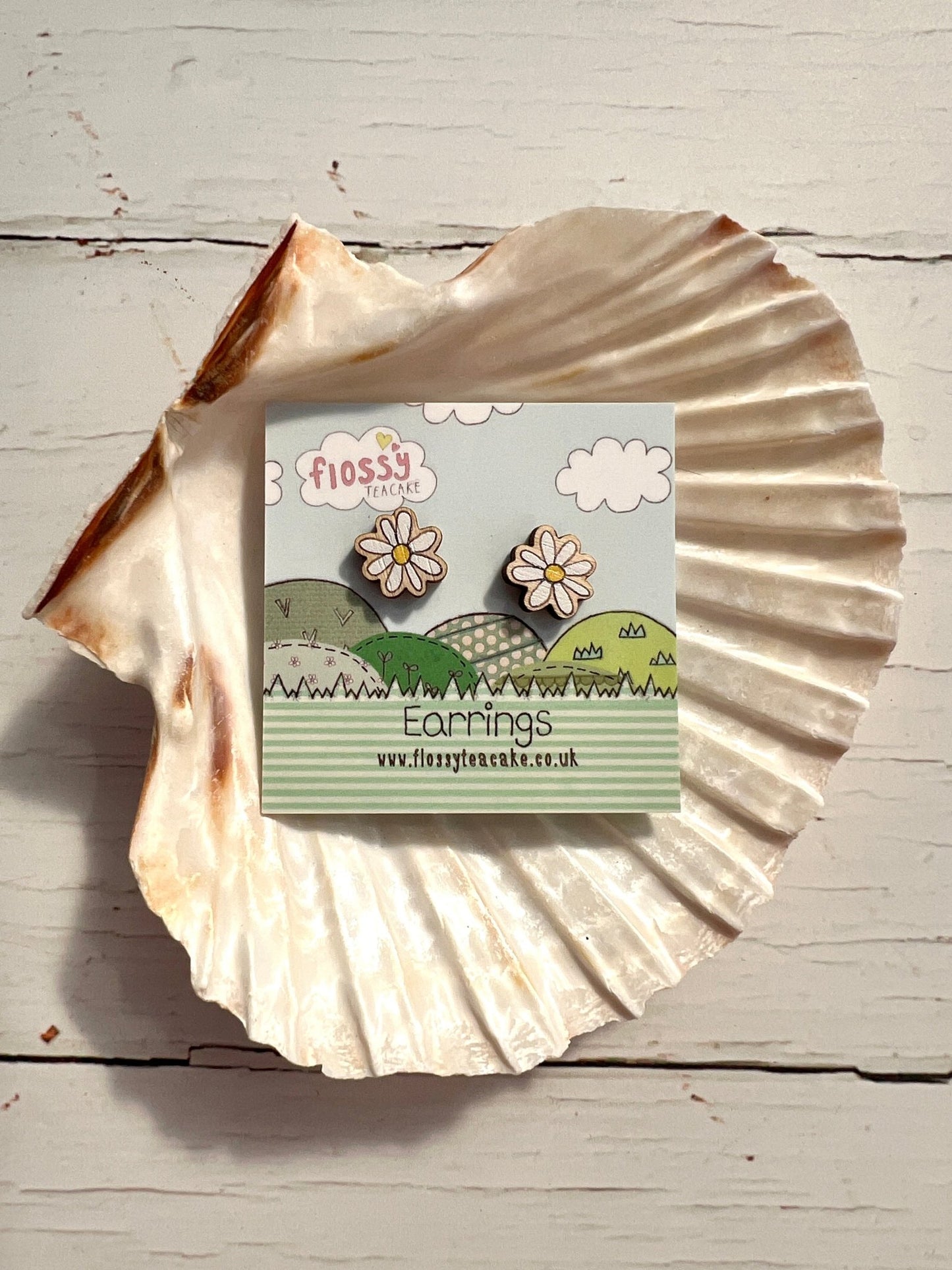 white wooden daisy flower stud earrings, cute floral jewellery gift, hypoallergenic posts, eco friendly accessories