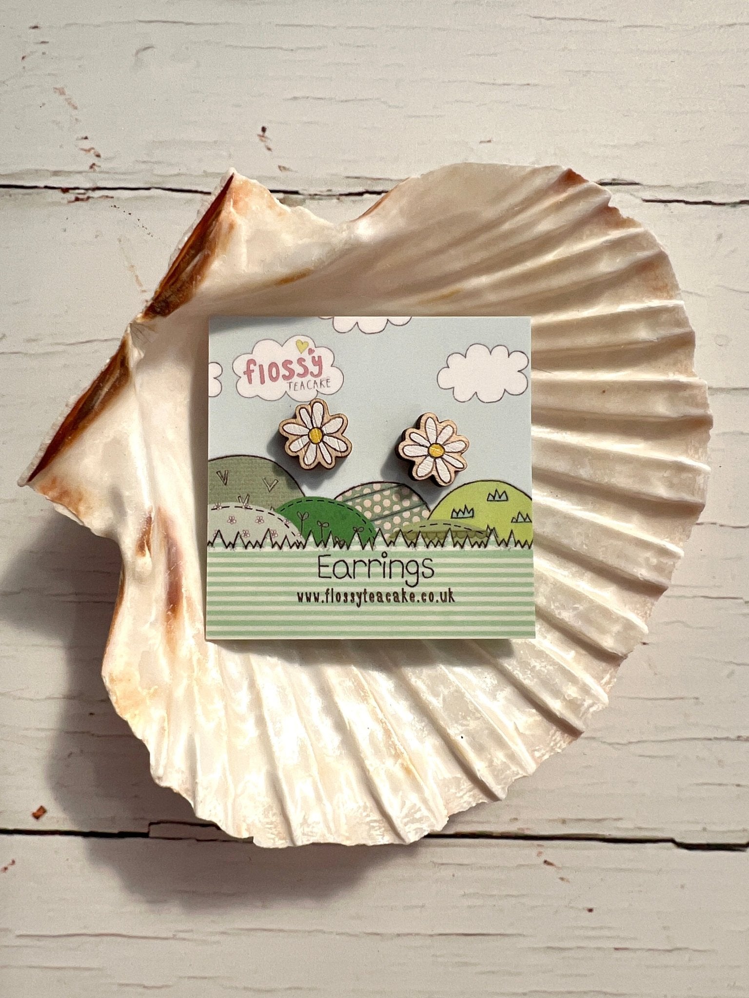 white wooden daisy flower stud earrings, cute floral jewellery gift, hypoallergenic posts, eco friendly accessories