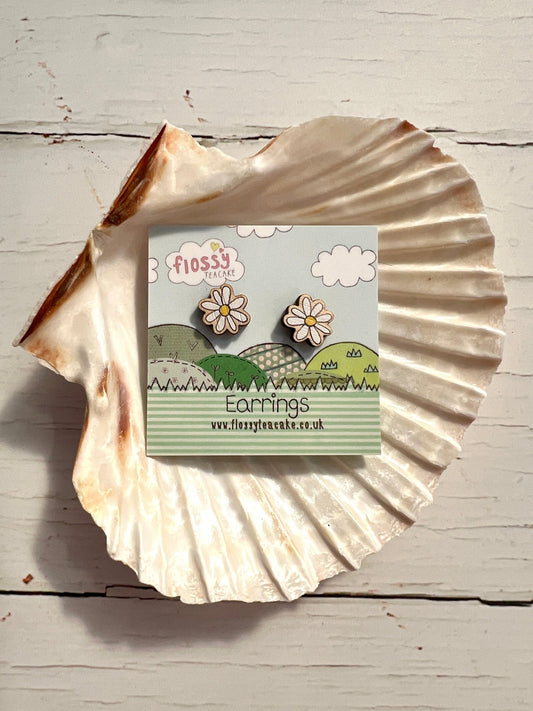 white wooden daisy flower stud earrings, cute floral jewellery gift, hypoallergenic posts, eco friendly accessories