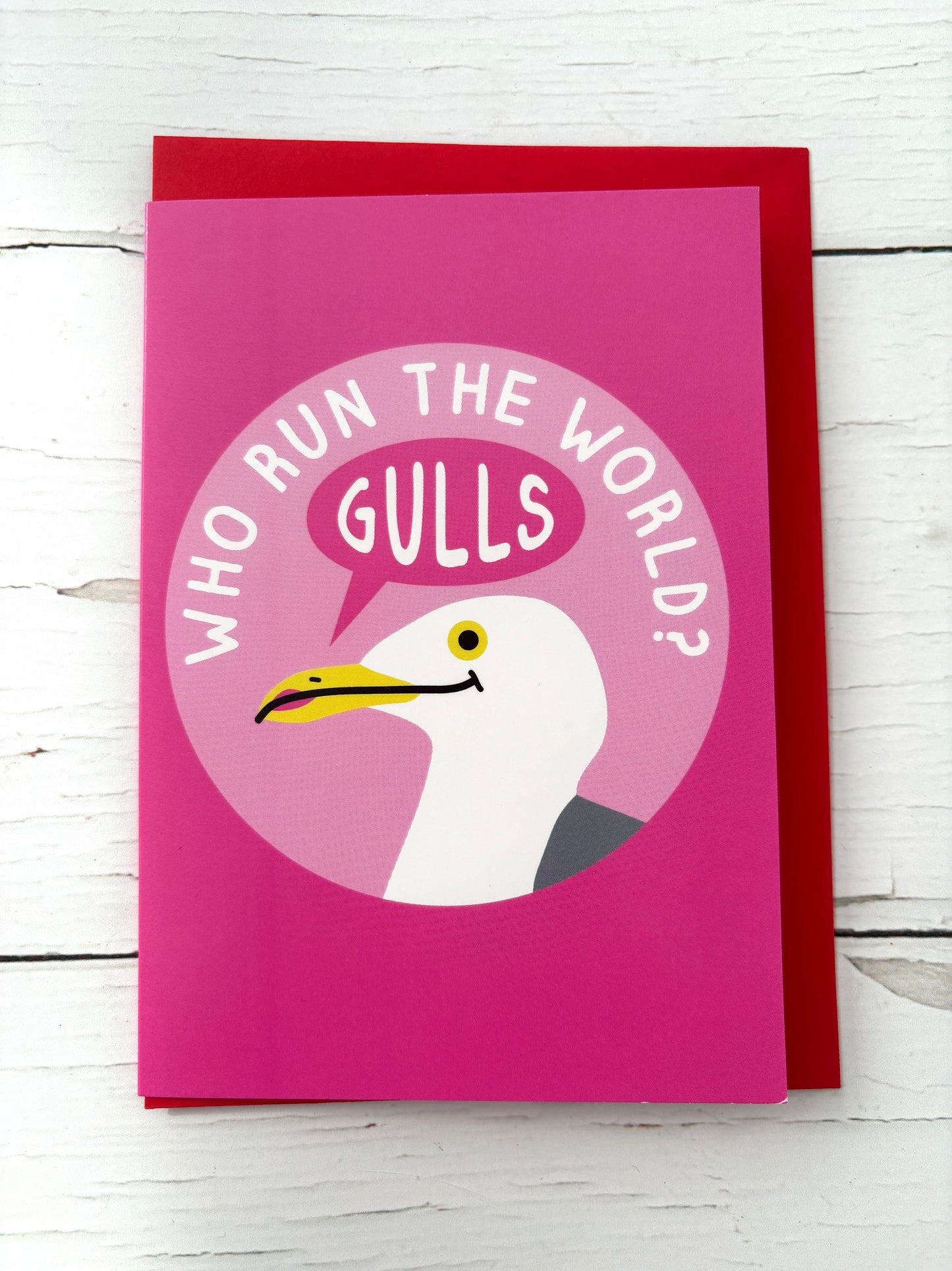 funny "Who Run The World? Gulls" seagull pun card vibrant pink feminist greeting card with red envelope