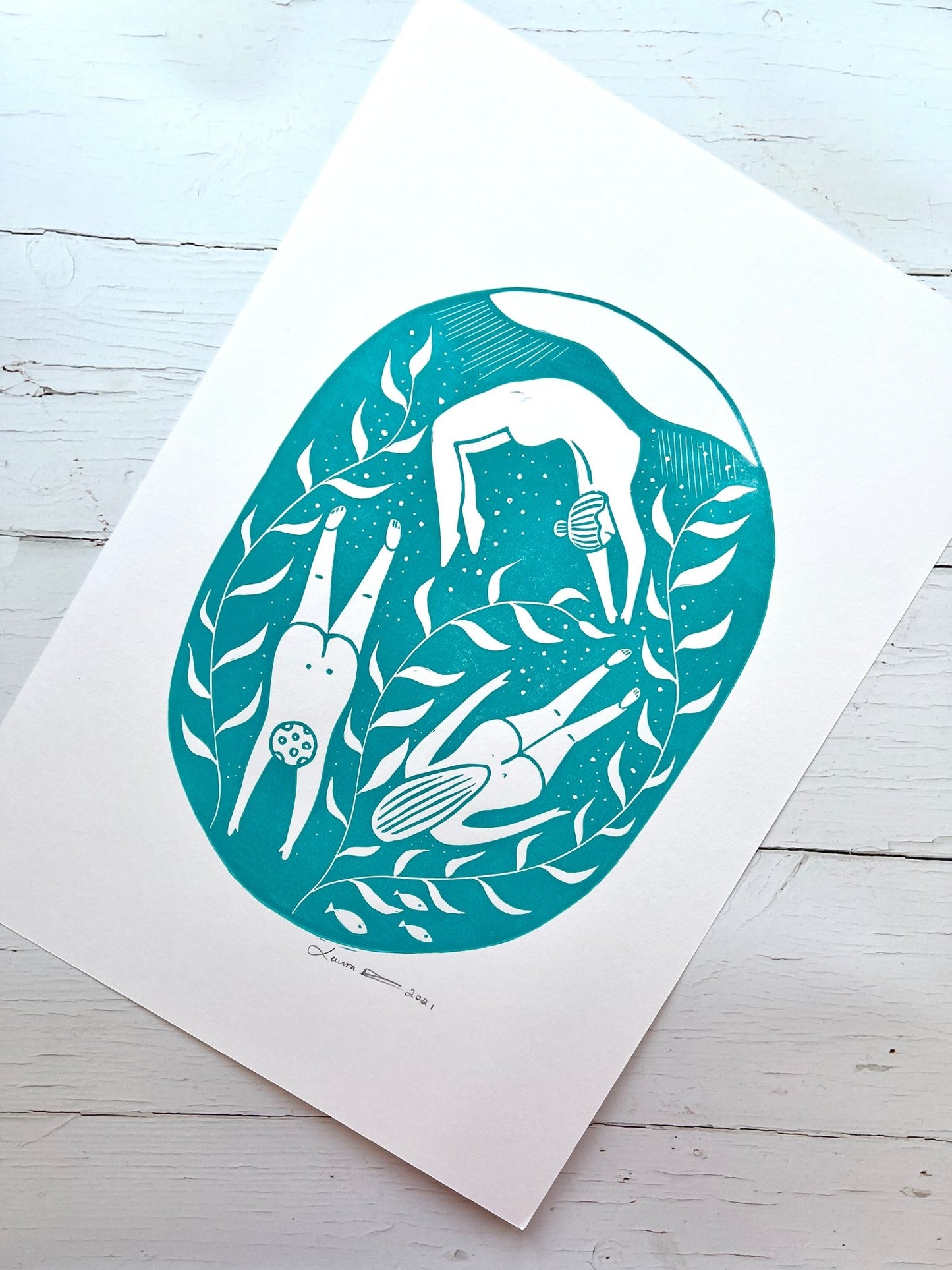 Wild Swimmers Original A3 Lino Print - Readymoney Beach Shop