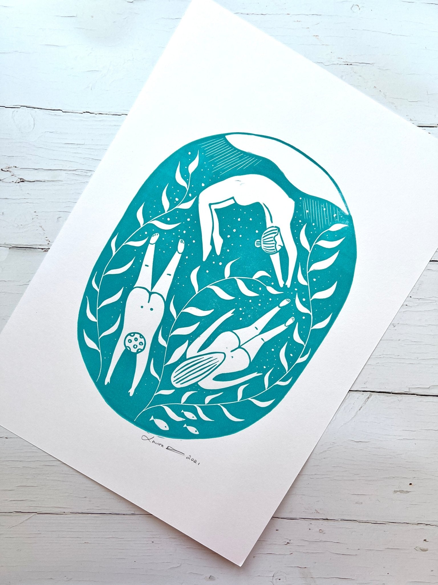 Wild Swimmers Original A3 Lino Print - Readymoney Beach Shop