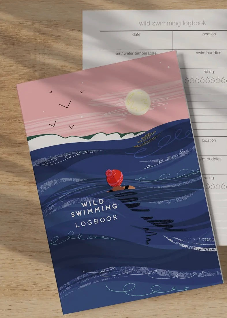 wild swimming logbook with swim tracker page—record dates, temps, buddies, and ratings in coastal journal