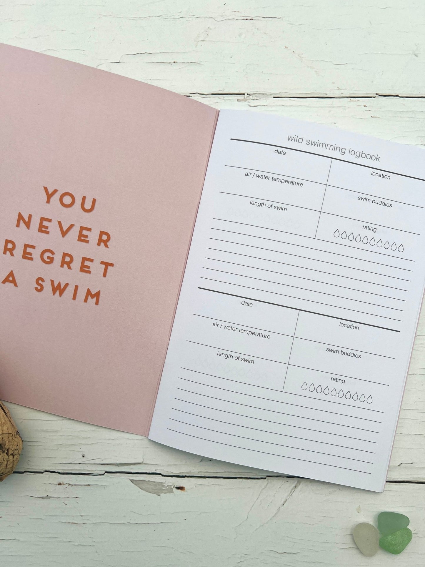 wild swimming journal with logbook template—track swim dates, temps, buddies, and notes in coastal diary