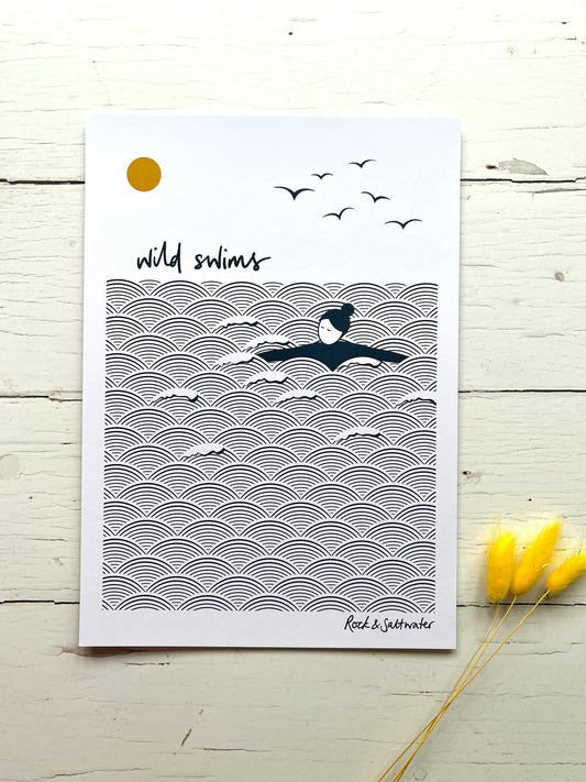 A4 ocean art print with swimmer, sun, and birds—minimalist coastal wall decor for wild swim lovers