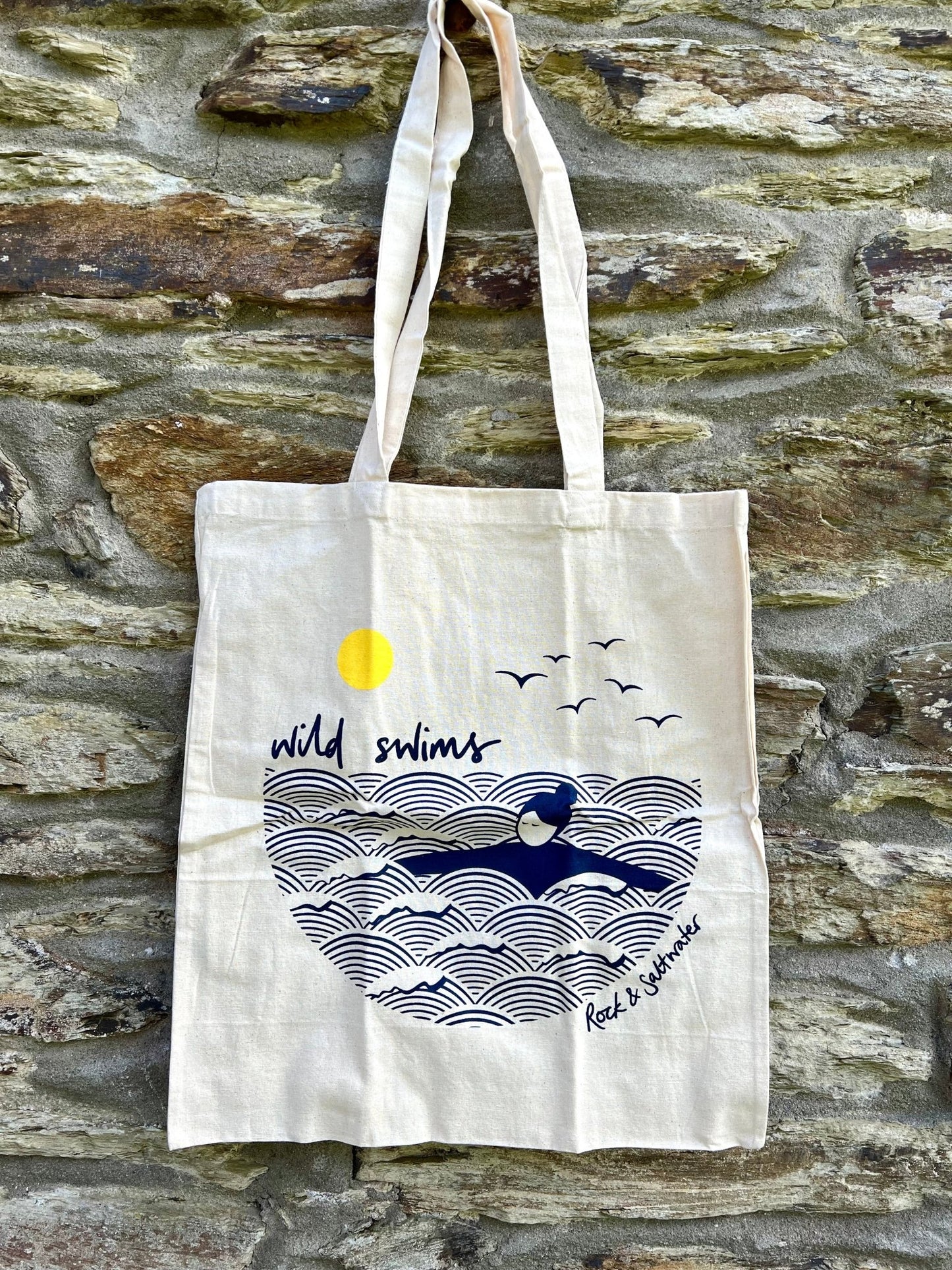 natural cotton tote bag with wild swim design—coastal-themed eco bag for ocean lovers and outdoor swimmers