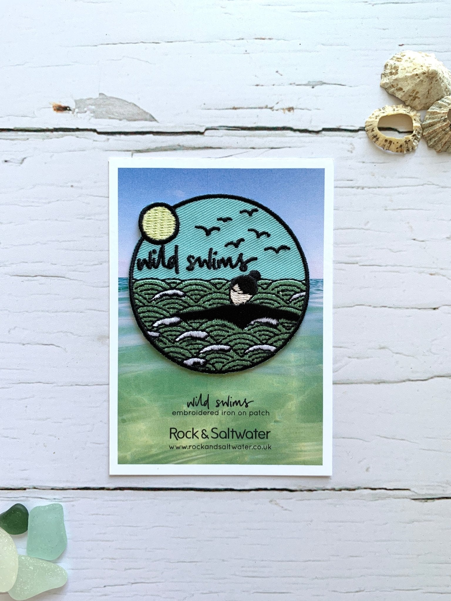 wild swims embroidered iron-on patch—coastal-themed badge for ocean lovers and wild swimming gear
