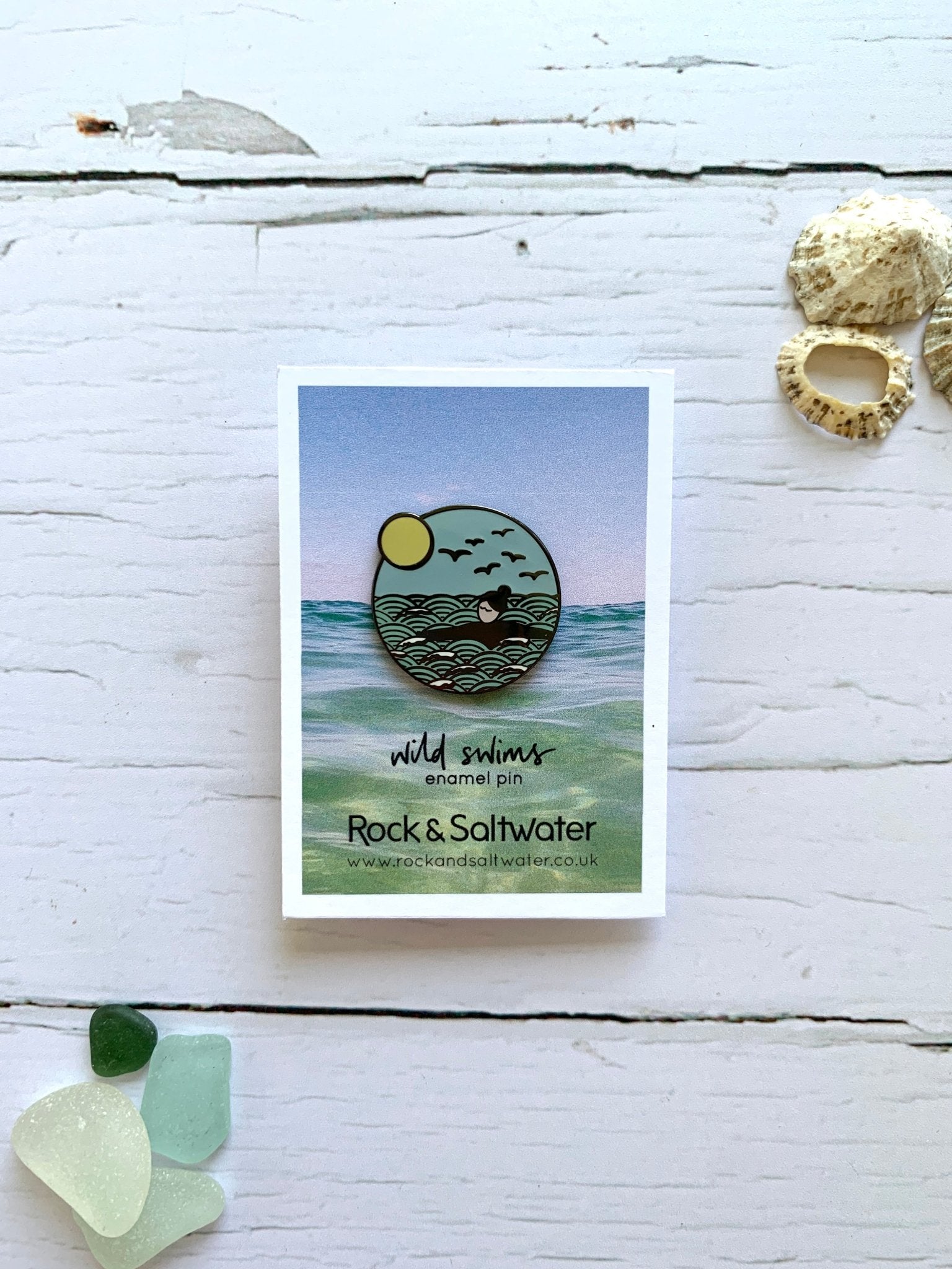 wild swims enamel pin badge—coastal-themed accessory for ocean lovers and wild swimming enthusiasts