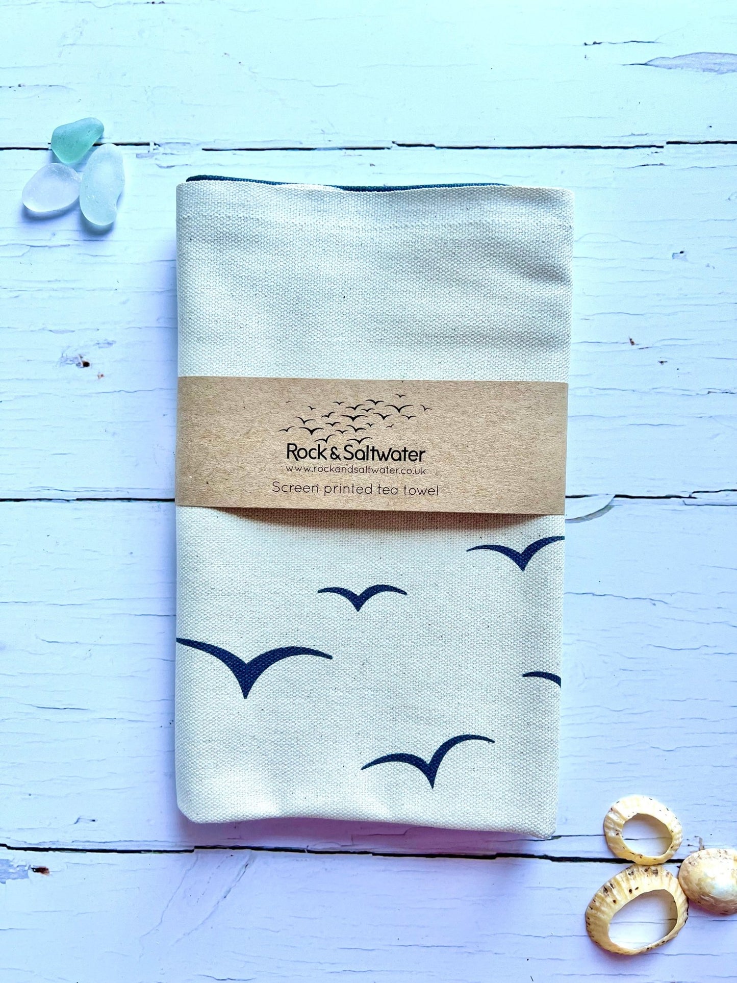 organic cotton tea towel with coastal bird print, wild swimming inspired design, eco-friendly kitchen linen, seaside home décor