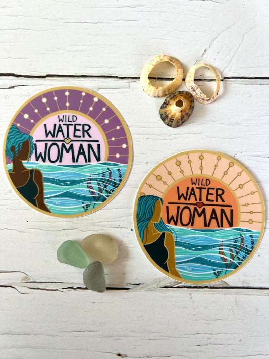 Wild Water Woman Round Vinyl Surf Sticker: Peach & Purple - Readymoney Beach Shop