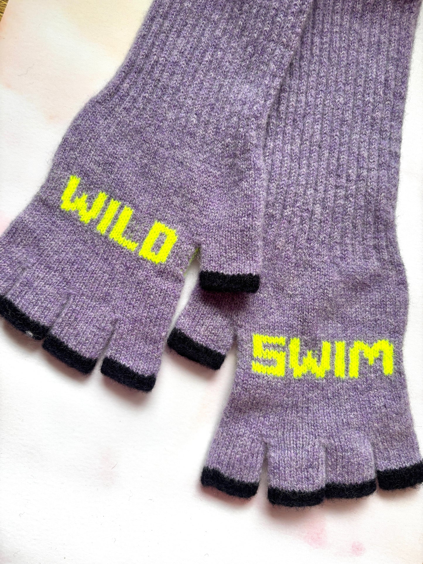 Wild Swim Fingerless Gloves in Parma Violet & Neon Yellow