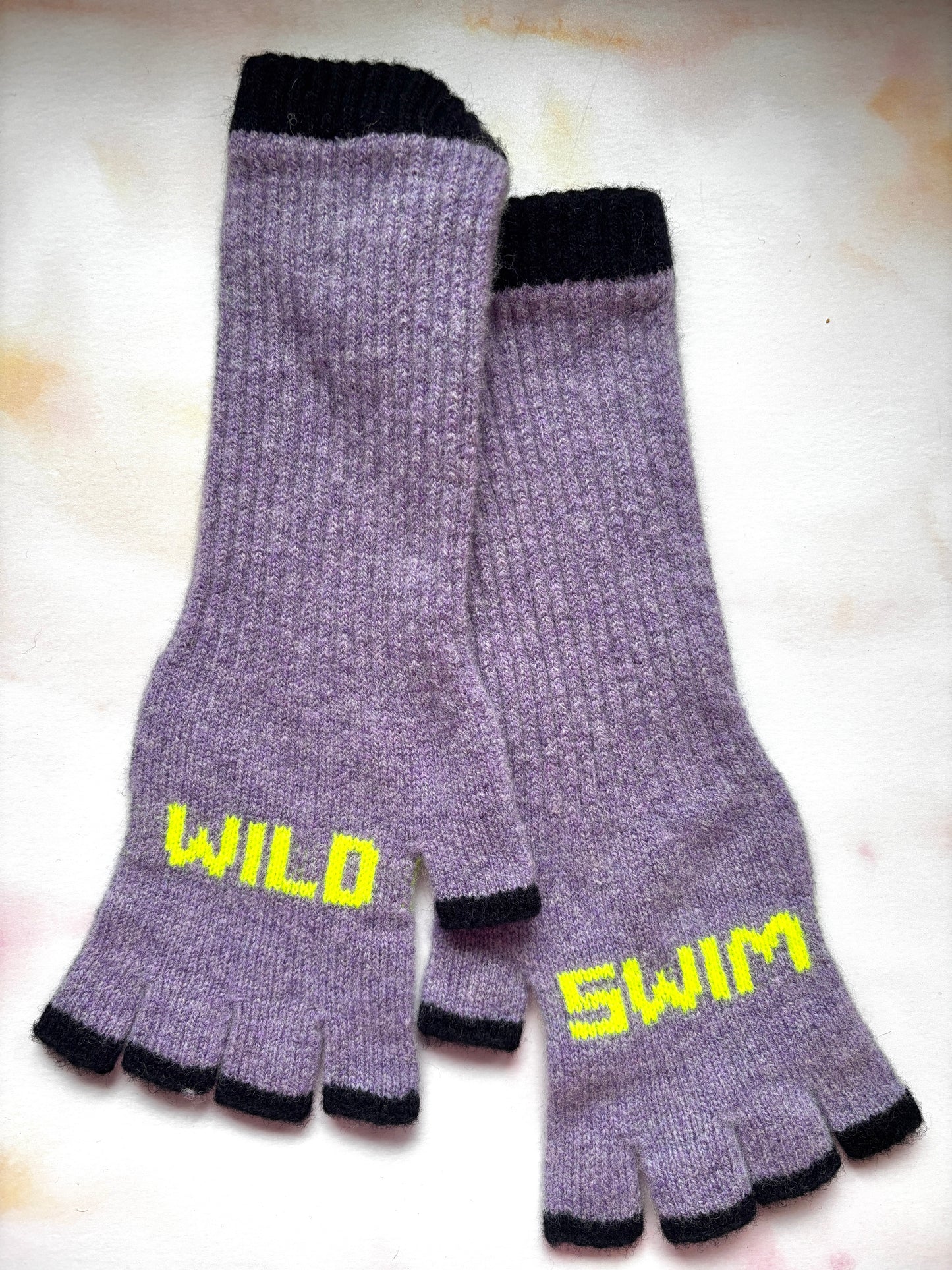 Wild Swim Fingerless Gloves in Parma Violet & Neon Yellow