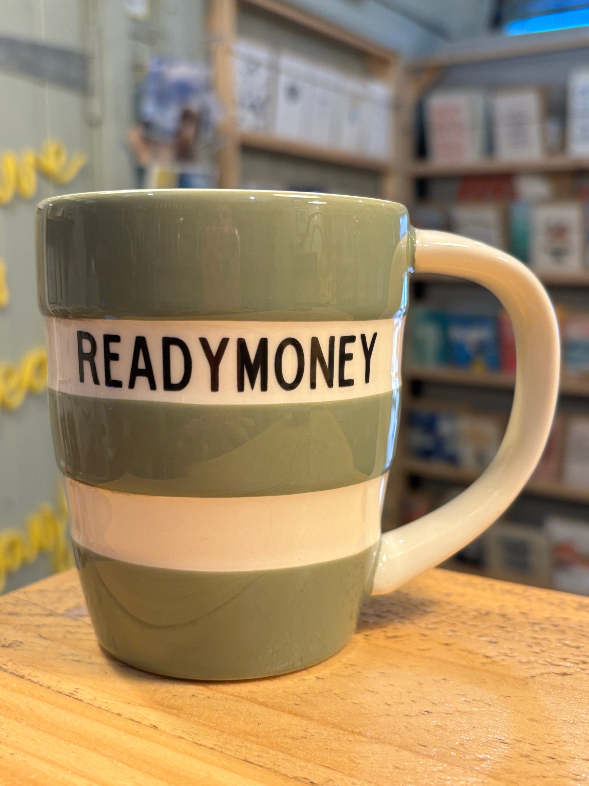 willow green striped ceramic mug with READYMONEY text - 12oz coffee tea cup with cream handle - limited edition