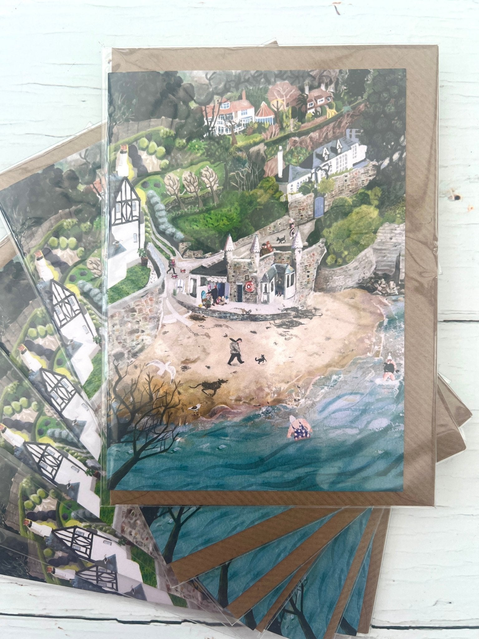 winter swimmers beach cottage A6 card with kraft envelope - coastal village scenic art greeting card stationery