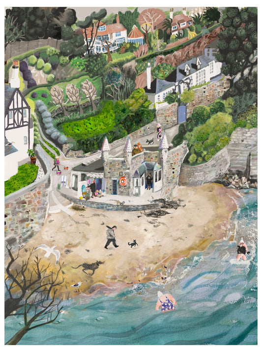 coastal village beach scene A6 greeting card - winter swimmers art print with stone cottages & sea illustration