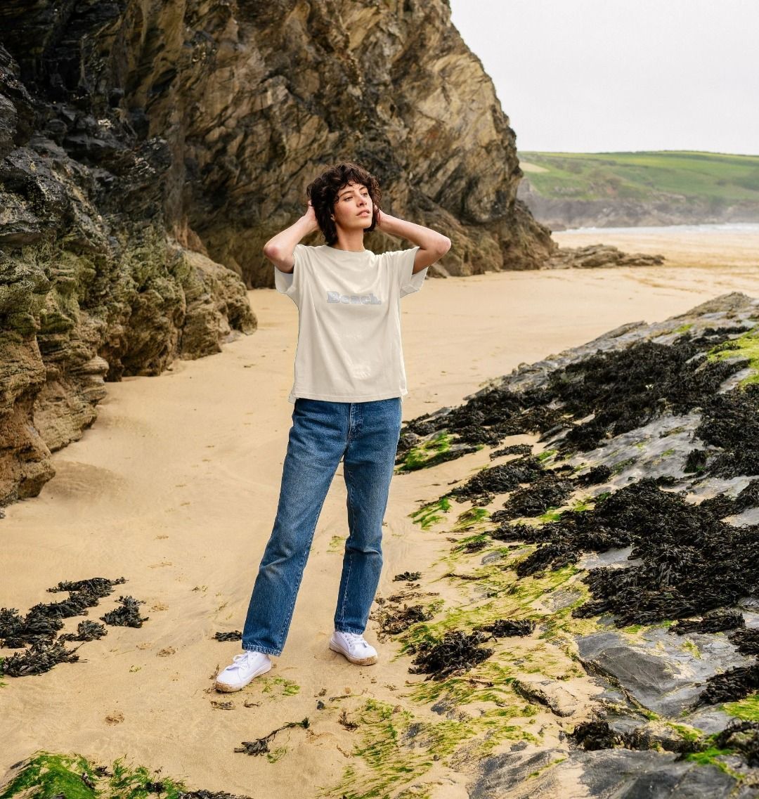 oat oversized women's beach t-shirt with relaxed fit and bold white "Beach" coastal print