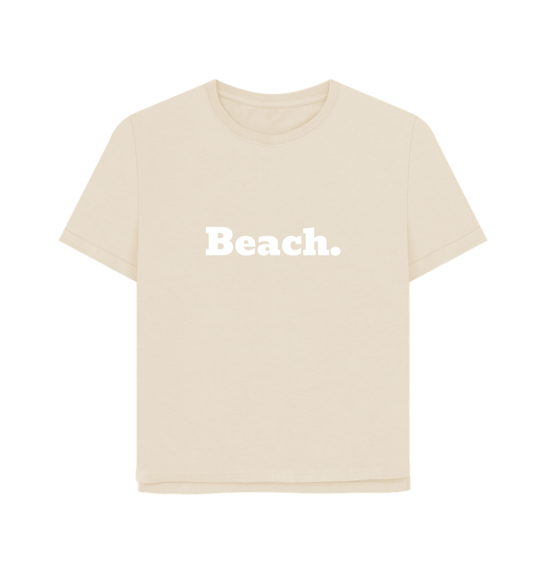 oat oversized women's beach t-shirt with relaxed fit and bold white "Beach." print for laid-back coastal style